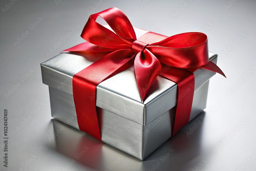 Obraz premium Low angle elegant silver gift box with patterned red ribbon and bow