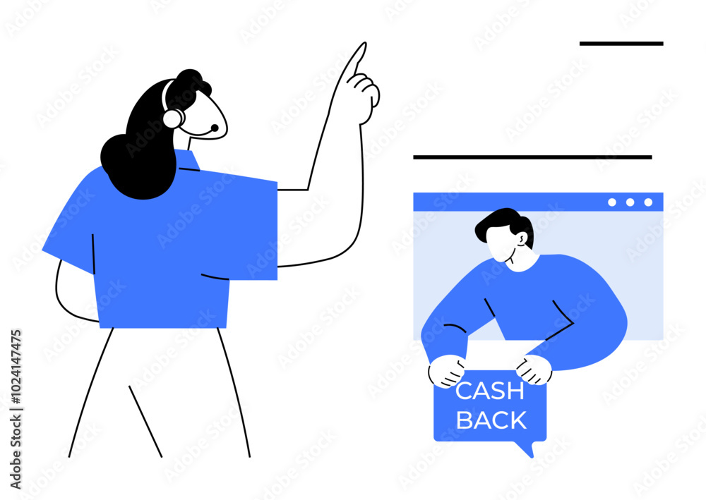 Woman with headset pointing, man holding Cash Back sign. Ideal for customer support, retail promotions, online shopping, e-commerce marketing, customer rewards Woman with headset pointing, man holding Cash Back sign. Ideal for customer support, retail promotions, online shopping, e-commerce marketing, customer rewards