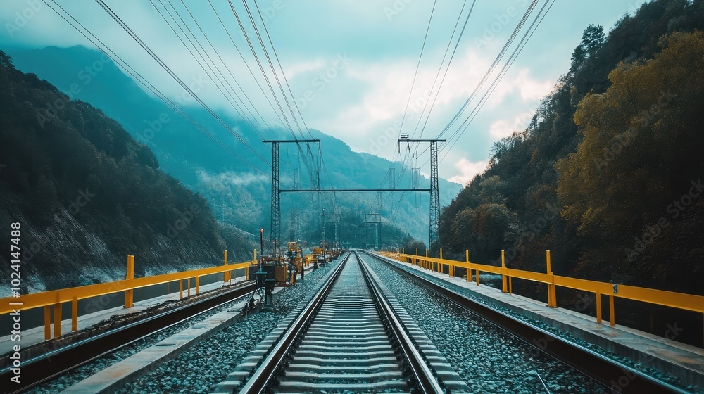 Fototapeta premium Scenic Railway Tracks with Mountain Background