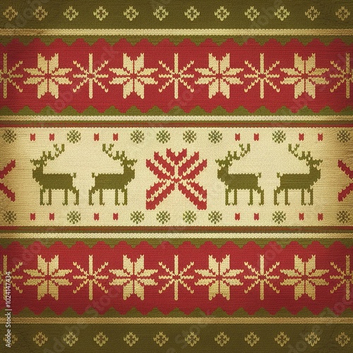 Wallpaper Mural Seamless vintage Nordic knit Christmas background pattern featuring repeating reindeer and festive geometric snowflakes in classic red and green holiday colors. Torontodigital.ca