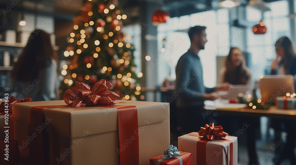 © Ariwasabi - Office Secret Santa scene with presents wrapped in red and white ribbons and festive Christmas tree,. Employees enjoying the holiday spirit in a professional setting. Image made using Generative AI