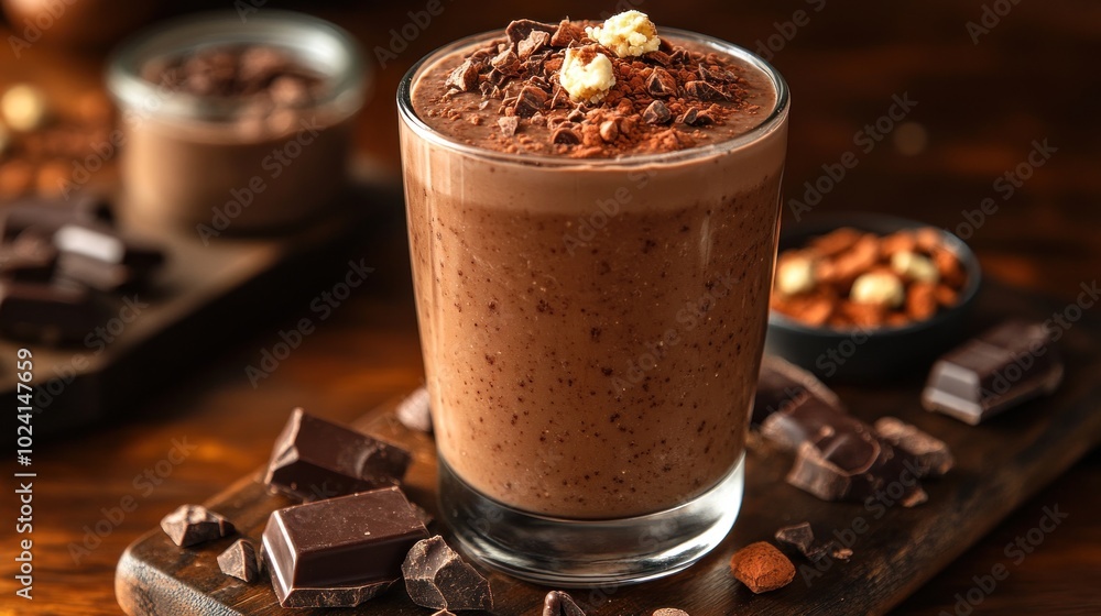 Creamy chocolate drink topped with shavings and nuts. Creamy chocolate drink topped with shavings and nuts.