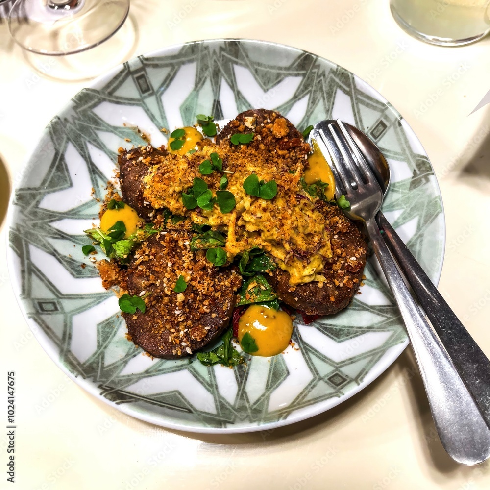 Cutlets on a plate with herbs and egg yolks