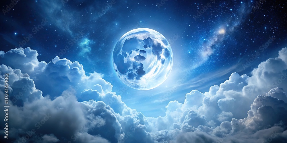 Low angle full moon with white clouds and stars in night sky filtered in blue tone Low angle full moon with white clouds and stars in night sky filtered in blue tone
