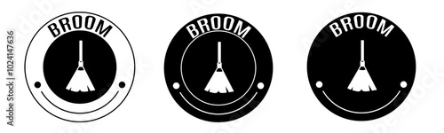 Black and white illustration of broom icon in flat. Stock vector.