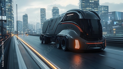 3d model of futuristic electric truck on highway. Future city background. Electric automobile. 3d rendering.