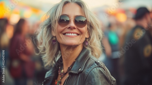 A smiling middle-aged woman at a music festival, wearing a leather jacket and sunglasses, surrounded by other people dressed in bohemian style