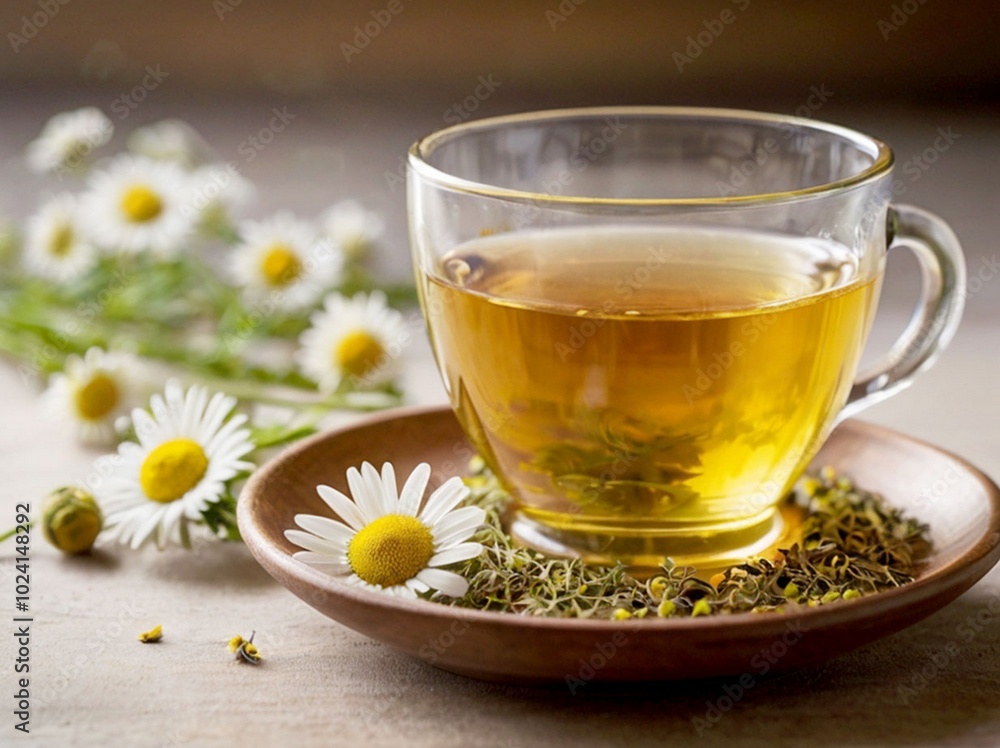 Relaxing Cup of Calming Chamomile Tea with Fresh Flowers Relaxing Cup of Calming Chamomile Tea with Fresh Flowers