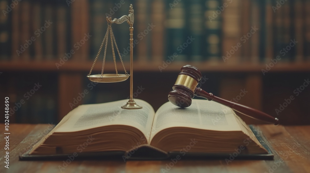 An open book with the scales of justice and gavel on it, representing law An open book with the scales of justice and gavel on it, representing law