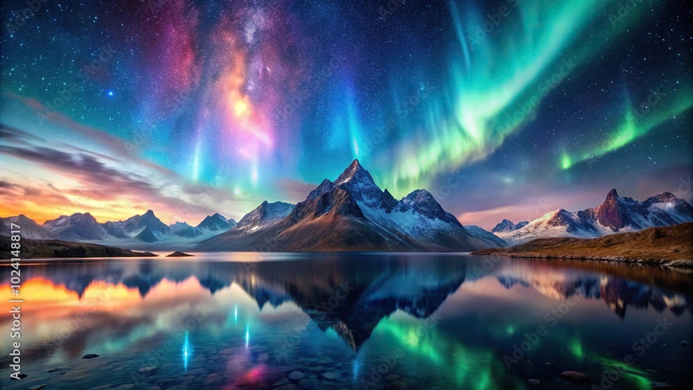 Low angle mystical landscape of mountains under starry sky with aurora borealis Low angle mystical landscape of mountains under starry sky with aurora borealis