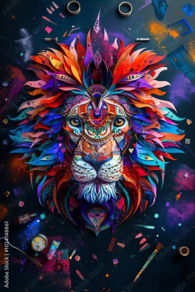 Fototapeta premium A stunning abstract lion artwork featuring vibrant colors, intricate patterns, and feather-like elements on a dark background.