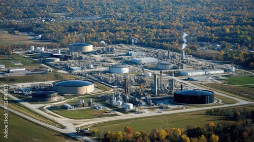 Aerial View of Industrial Complex in Autumn Landscape