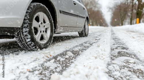 Car Tire Tracks on Snowy Road in Winter