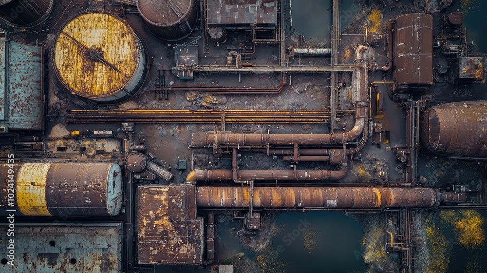 Aerial View of Industrial Pipes and Tanks in Decay Aerial View of Industrial Pipes and Tanks in Decay