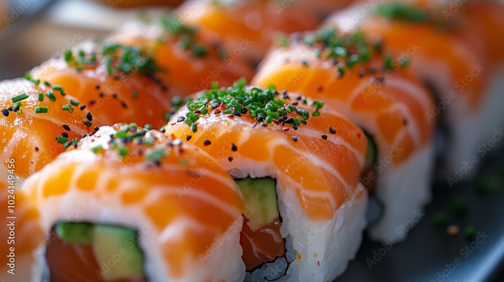 Sushi, red and white salmon sushi with avocado on the bottom of each piece, sprinkled with green herbs Sushi, red and white salmon sushi with avocado on the bottom of each piece, sprinkled with green herbs