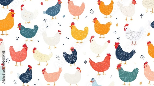 Colorful Chicken Pattern Illustration on a White Background