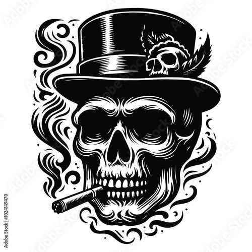 A detailed vector image featuring a skull wearing a crown and smoking a cigar, representing a bold and edgy aesthetic. photo