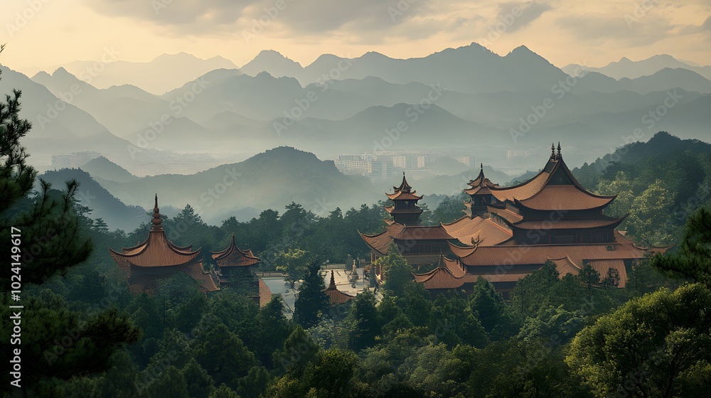 Obraz premium An ancient East Asian temple complex with tall spires framed by distant mountains