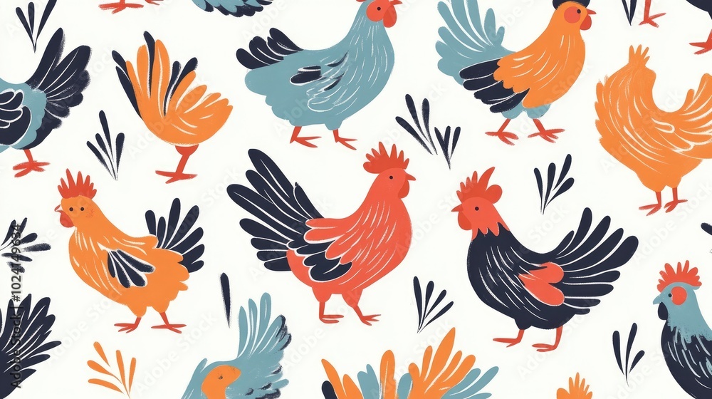 Obraz premium Colorful Chicken Pattern Illustration on a White Background