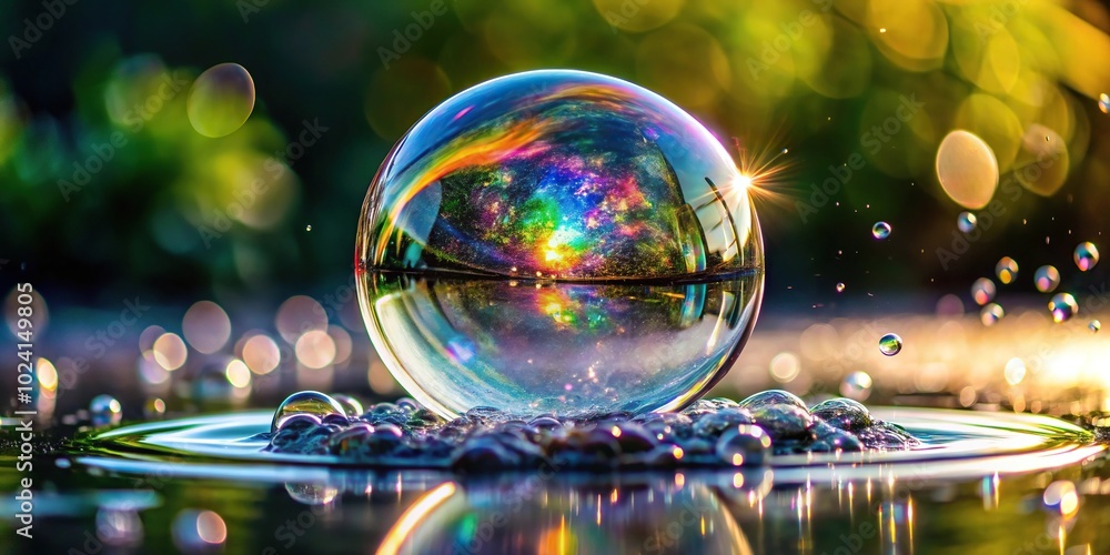 Low angle shot capturing a mesmerizing bubble burst moment with shimmering droplet spray Low angle shot capturing a mesmerizing bubble burst moment with shimmering droplet spray
