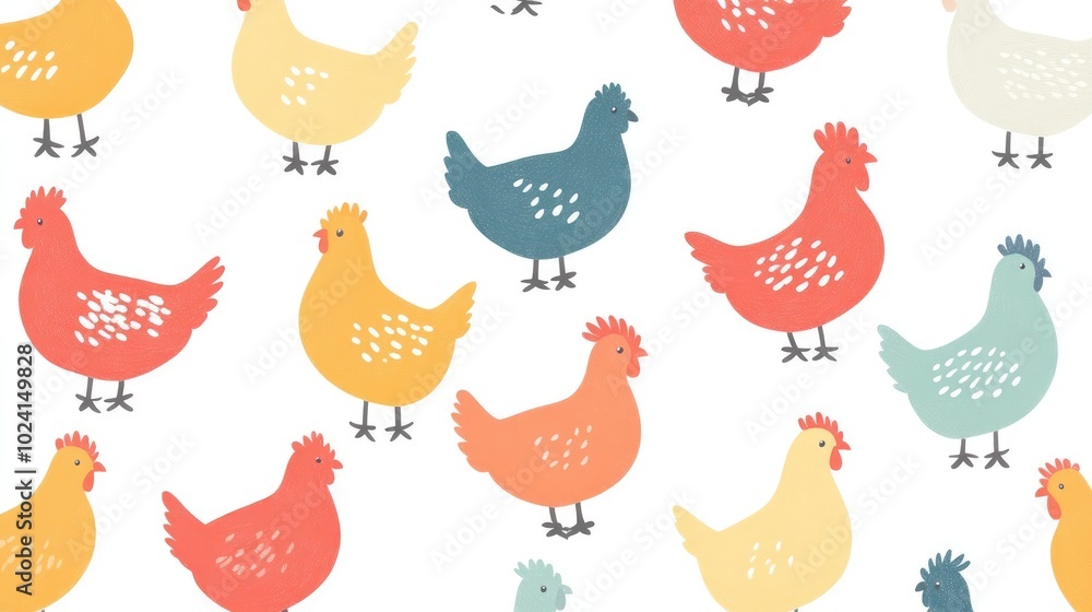 Fototapeta premium Colorful Chicken Pattern Illustration on a White Background