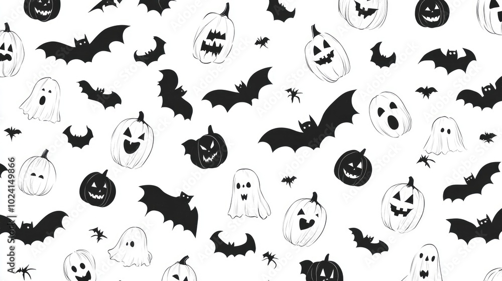Naklejka premium Seamless Halloween Pattern with Bats, Pumpkins, and Ghosts on White Background