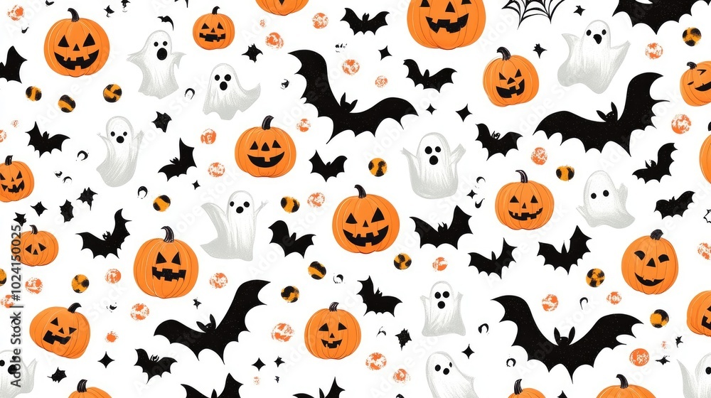 Fototapeta premium Seamless Halloween Pattern with Bats, Pumpkins, and Ghosts on White Background