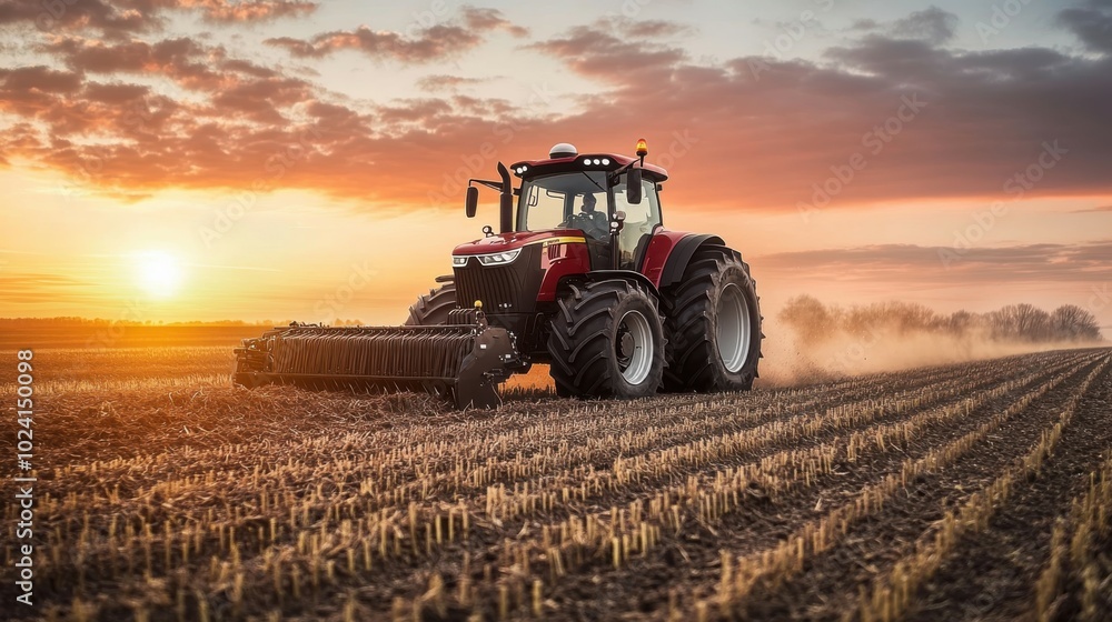 A large modern tractor plowing a field at sunrise, with the warm golden light highlighting the machinery. The expansive sky offers ample copy space to the upper left A large modern tractor plowing a field at sunrise, with the warm golden light highlighting the machinery. The expansive sky offers ample copy space to the upper left