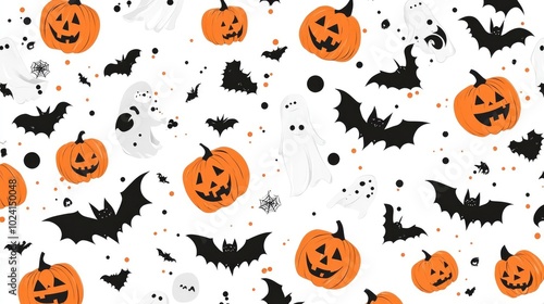 Seamless Halloween Pattern with Bats, Pumpkins, and Ghosts on White Background