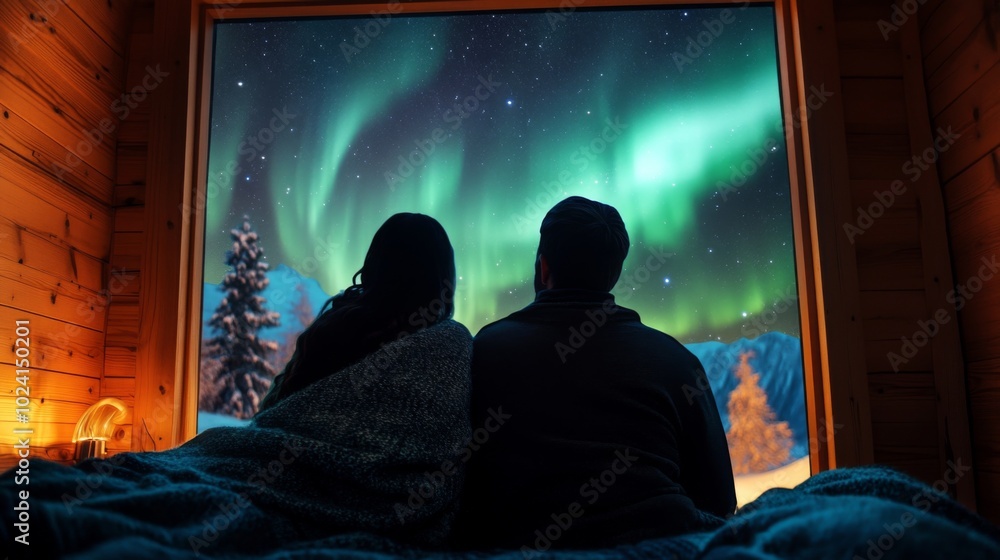 Couple Silhouetted Against the Northern Lights from Inside a Cabin Couple Silhouetted Against the Northern Lights from Inside a Cabin