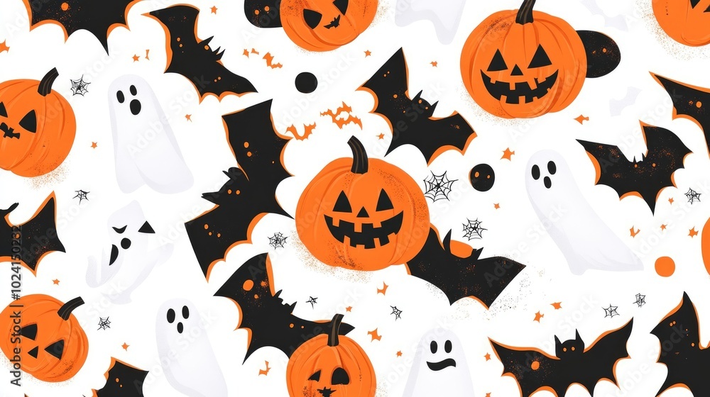 Seamless Halloween Pattern with Bats, Pumpkins, and Ghosts on White Background Seamless Halloween Pattern with Bats, Pumpkins, and Ghosts on White Background