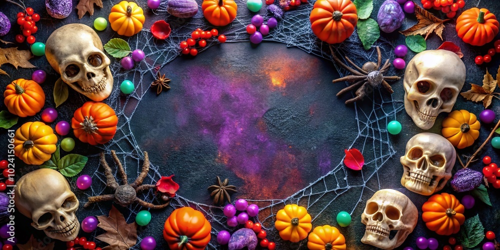 Spooky Halloween Frame with Skulls, Stones, and Spider Webs on Dark Background for Festive Decorations and Themes Spooky Halloween Frame with Skulls, Stones, and Spider Webs on Dark Background for Festive Decorations and Themes