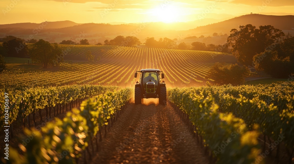 Obraz premium A tractor equipped with precision farming tools moves through a vineyard at sunset, with golden light and open sky providing space for copy at the top of the image