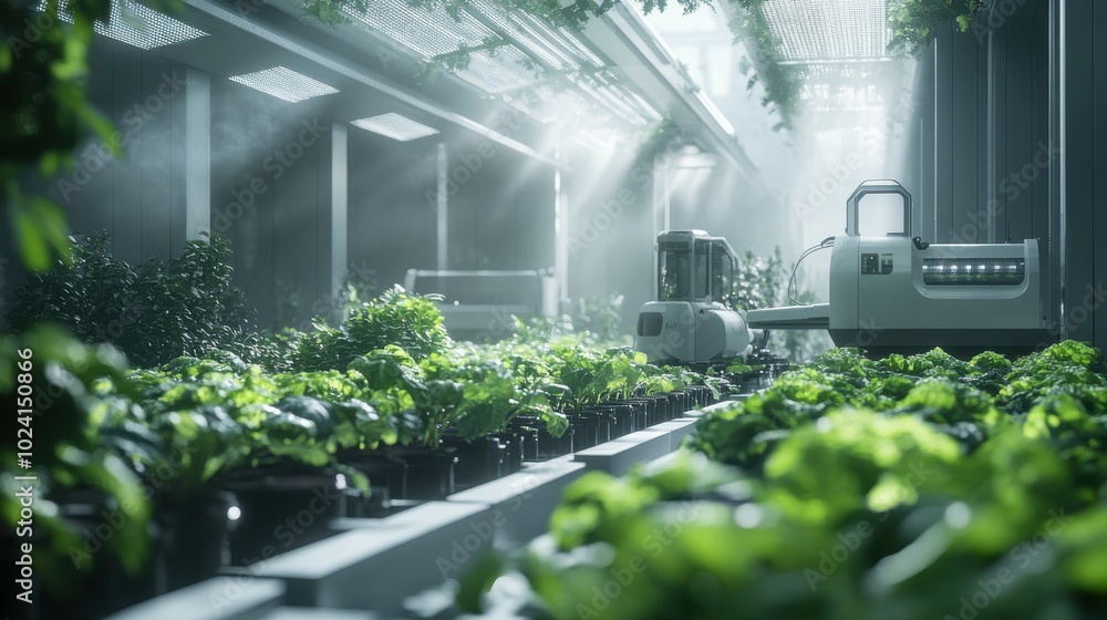 A futuristic farm with machinery operating in a smart greenhouse. The sleek technology contrasts with the natural plants, leaving copy space above the scene A futuristic farm with machinery operating in a smart greenhouse. The sleek technology contrasts with the natural plants, leaving copy space above the scene
