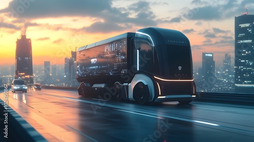 3d model of futuristic electric truck on highway. Future city background. Electric automobile. 3d rendering.