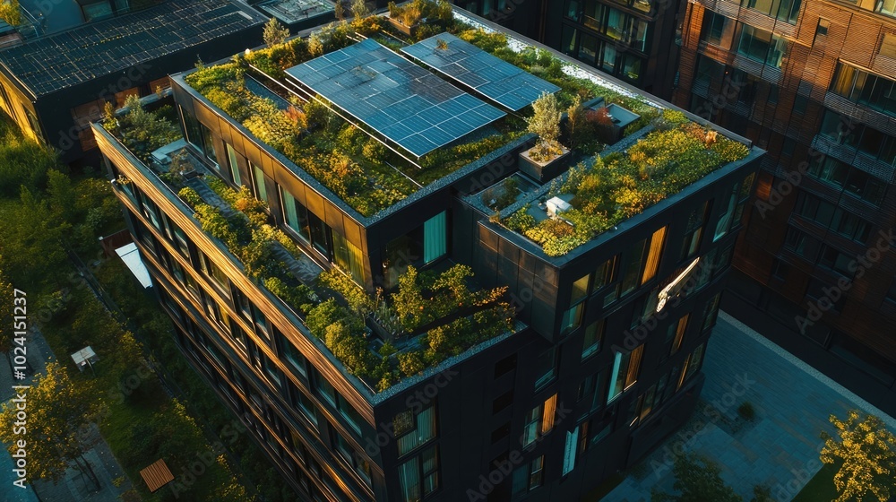Green Rooftop with Solar Panels on Urban Skyscraper Green Rooftop with Solar Panels on Urban Skyscraper