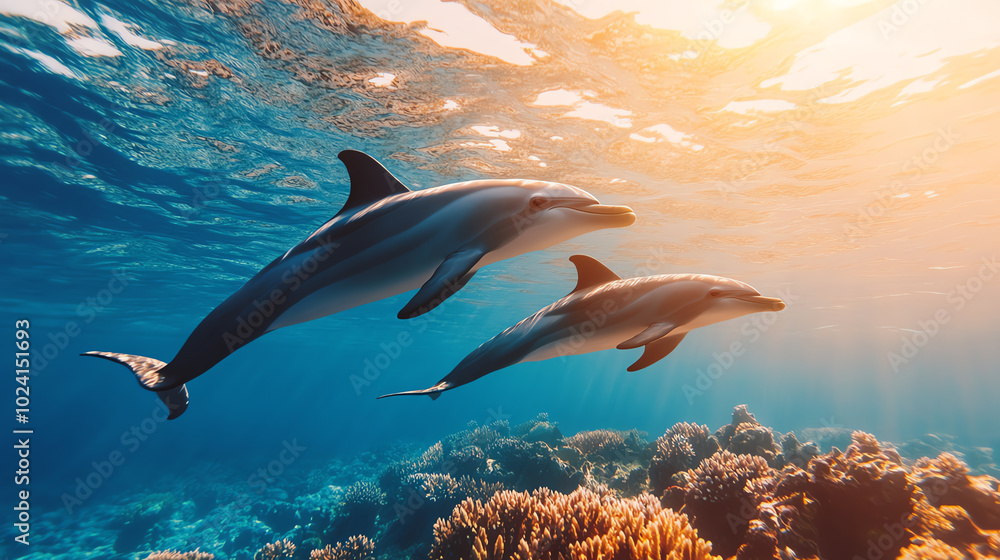 Fototapeta premium Two dolphins swimming gracefully in clear blue ocean water, surrounded by vibrant coral reefs under a beautiful sunlit surface.