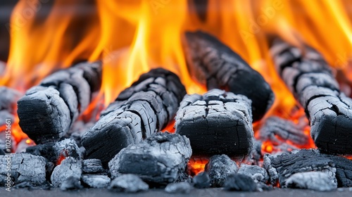 Burning charcoal with bright flames, creating a warm and inviting atmosphere.