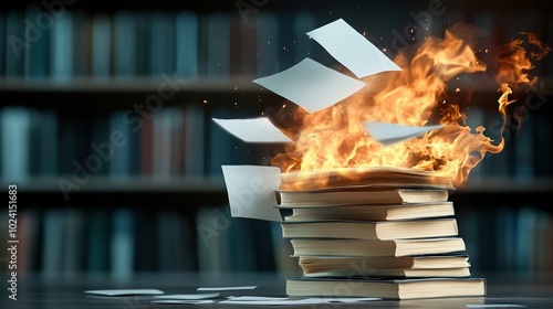 Books burning, symbolizing censorship and lost knowledge, dark library background. photo