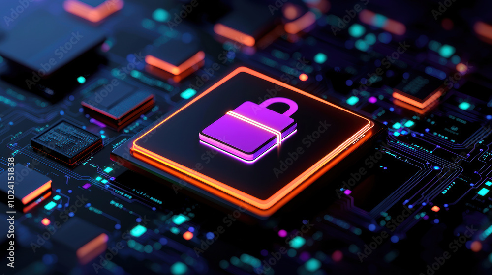 Cybersecurity solutions promoted through digital marketing banners, Close-up of a digital circuit board featuring a futuristic lock icon, illustrating cybersecurity and technology themes. Cybersecurity solutions promoted through digital marketing banners, Close-up of a digital circuit board featuring a futuristic lock icon, illustrating cybersecurity and technology themes.
