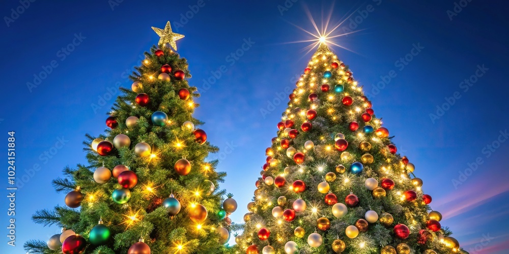 Low angle view of a Christmas tree with hanging lights Low angle view of a Christmas tree with hanging lights