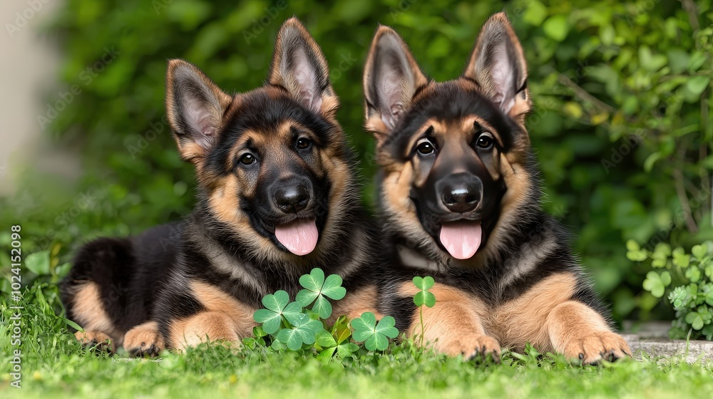 Adorable German Shepherd Puppies in a Garden with Clover Adorable German Shepherd Puppies in a Garden with Clover
