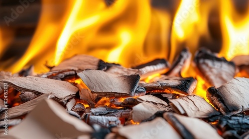 Burning wood with flames, close-up view, warm and vibrant colors. photo