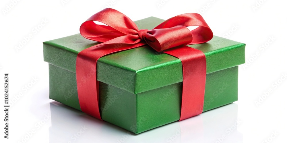 Obraz premium Low angle view of a green and red gift box with ribbon and bow isolated on white background