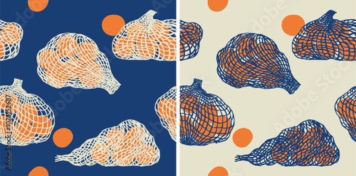 Seamless Japanese Plum in net bag line art background, fruit in supermarket inspired pattern, A hand drawn simple funny and childish illustration good for poster, wrapping paper, stationary, textile, 