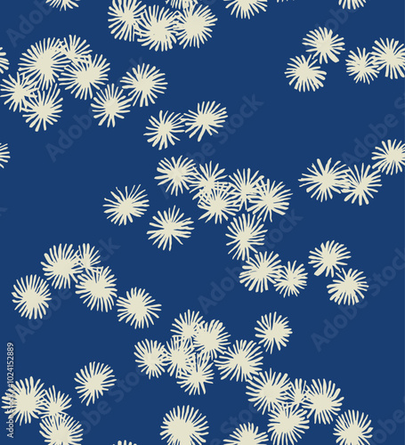 Seamless Japanese brush line Needle flower pattern indigo blue, wood-carving simple style floral background for textile, wrapping paper, towel, stationary,