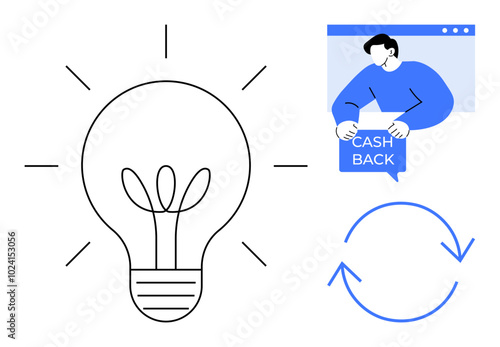 A light bulb, a person holding a cash back sign, and circular arrows. Ideal for business, finance, innovation, savings, and customer rewards. Simple modern vector style