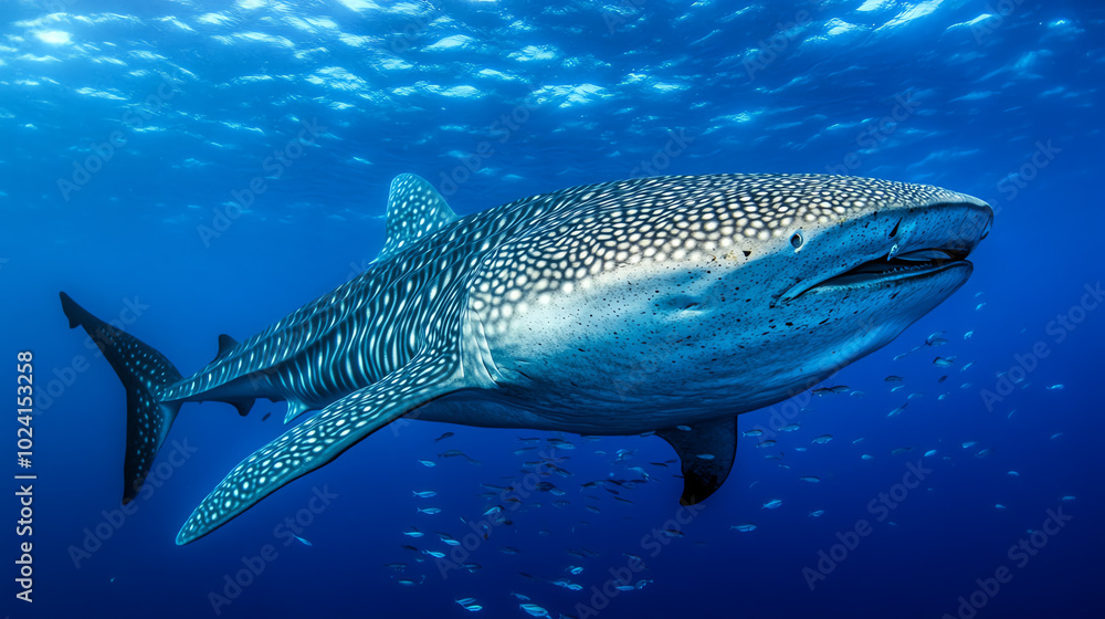 A stunning image of a whale shark gracefully swimming in clear blue waters, showcasing its unique spotted skin and large mouth, highlighting the beauty of marine life. A stunning image of a whale shark gracefully swimming in clear blue waters, showcasing its unique spotted skin and large mouth, highlighting the beauty of marine life.