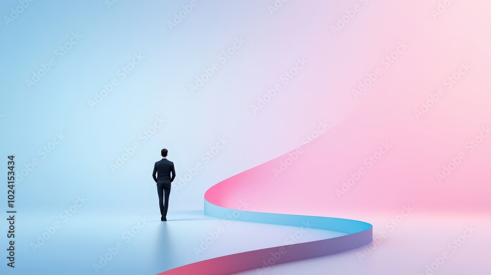 A person standing at the start of a winding path that leads to success. A person standing at the start of a winding path that leads to success.