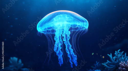 A luminous jellyfish gracefully pulsating through the deep blue ocean, showcasing its delicate tentacles and ethereal beauty in a serene underwater setting.